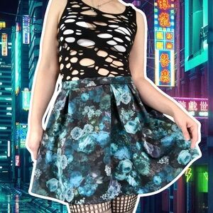 Express Black and Teal Blue Floral Fit and Flare Mini Skirt, Size L